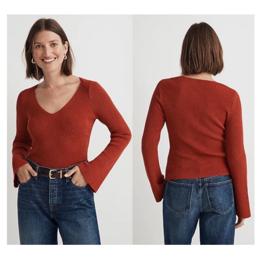 BOGO! Madewell Ribbed Flared Sleeve V-Neck Sweater Etruscan Clay XL